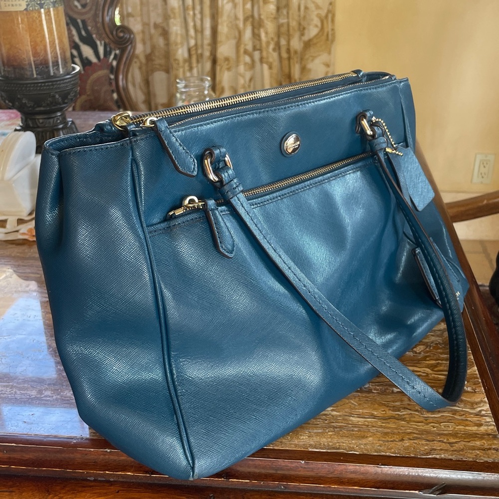 Coach Teal Peyton Double Leather Jordan Double Zip Carryall Bag